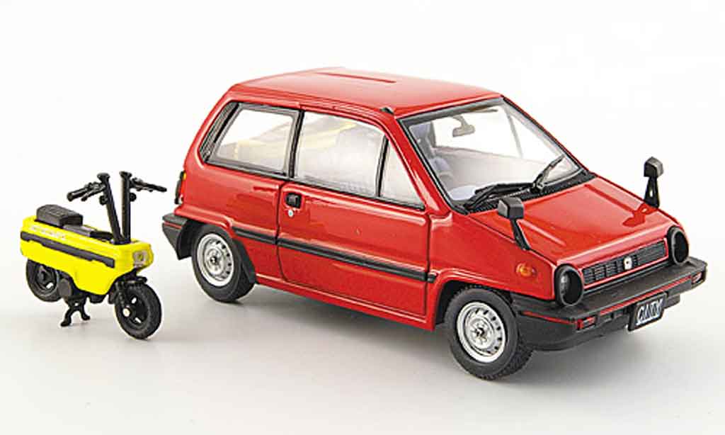 Honda City 1/43 Ebbro rood avec Motocompo Minimotorrad 1981 modelauto