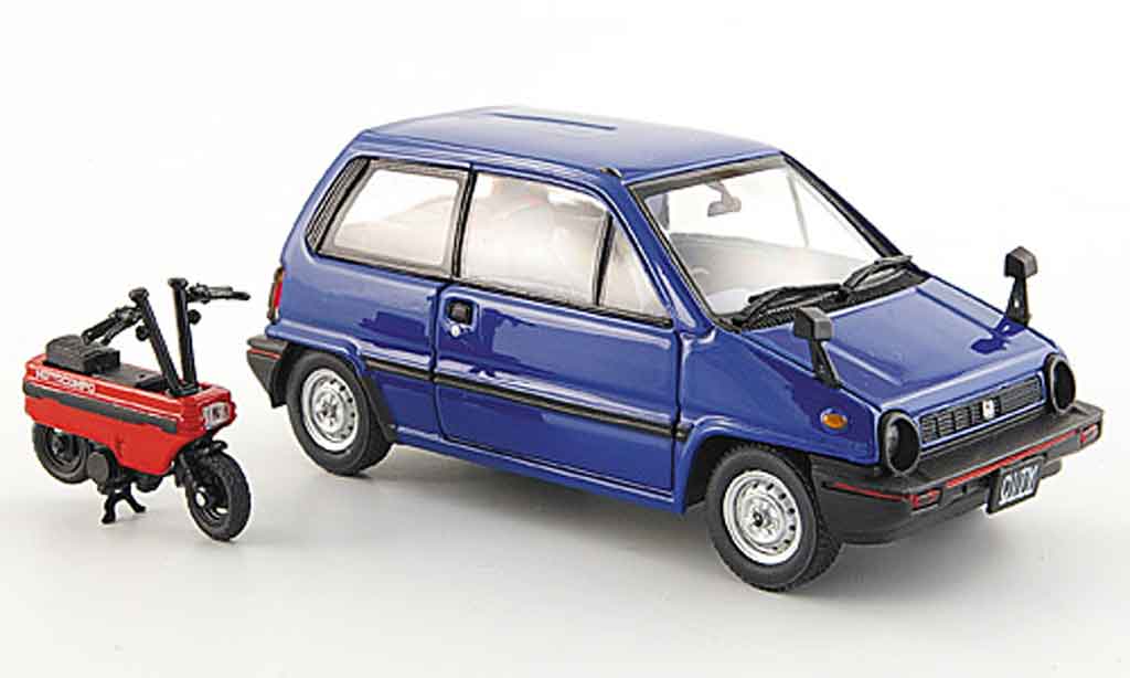 Honda City 1/43 Ebbro blauw avec Motocompo Minimotorrad 1981 modelauto