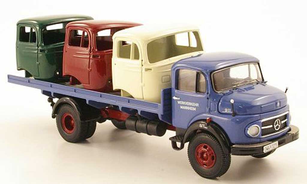 Mercedes LP 911 1/43 Premium ClassiXXs Flachpritsche Werkverkehr Mannheim avec 3 Fahrerhausern als Ladegut modelauto