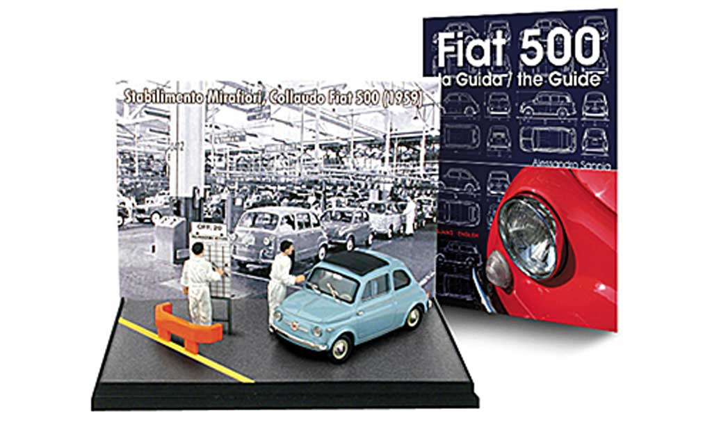 Fiat 500 1/43 Brumm Mini-Diorama unBuch: blauw 1959 ave2 Figuren + ''- la Guida / the Guide'' modelauto