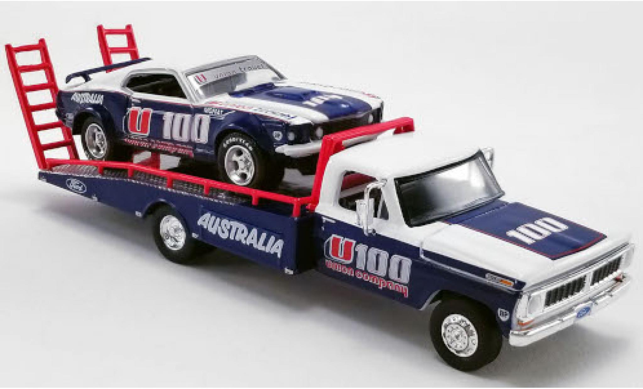 Ford F-350 1/64 ACME Ramp Truck Union Company U100 1970 mit 1969 Trans Am Mustang und Auffahrrampen Alan Moffat Racing modelauto