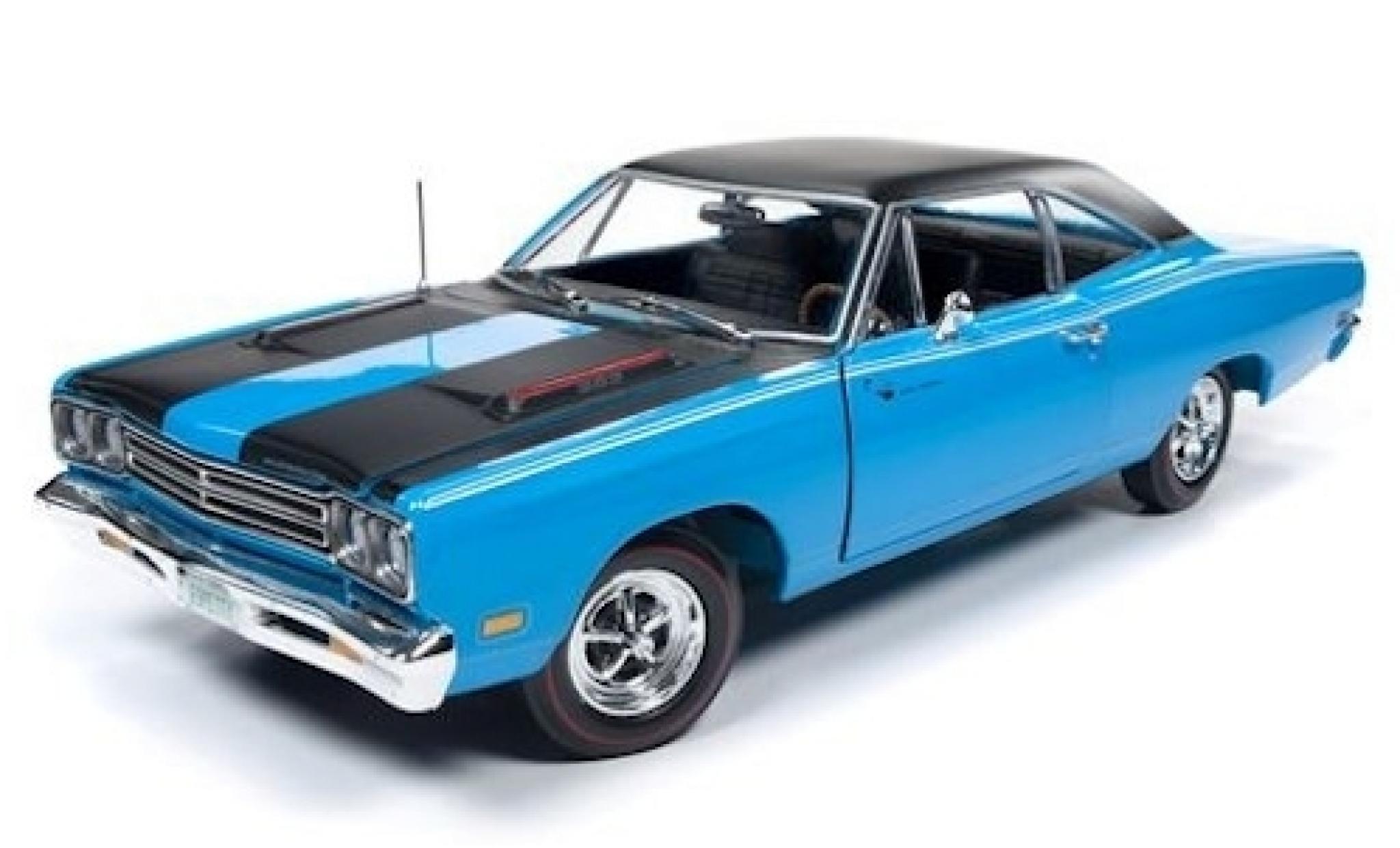 Plymouth Road Runner 1/18 Auto World blauw/zwart 1969 modelauto
