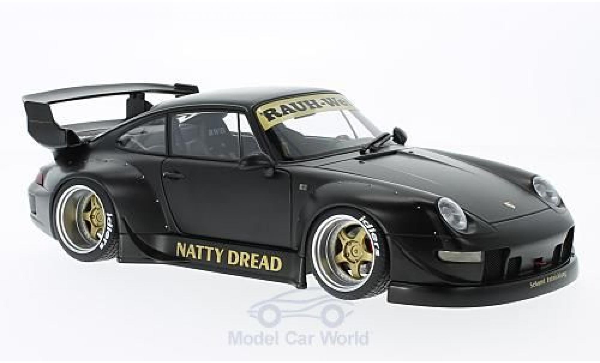 Porsche 993 RWB 1/18 AUTOart 911 () RWB matt-zwart Rauh Welt goldene Felgen ohne Vitrine modelauto