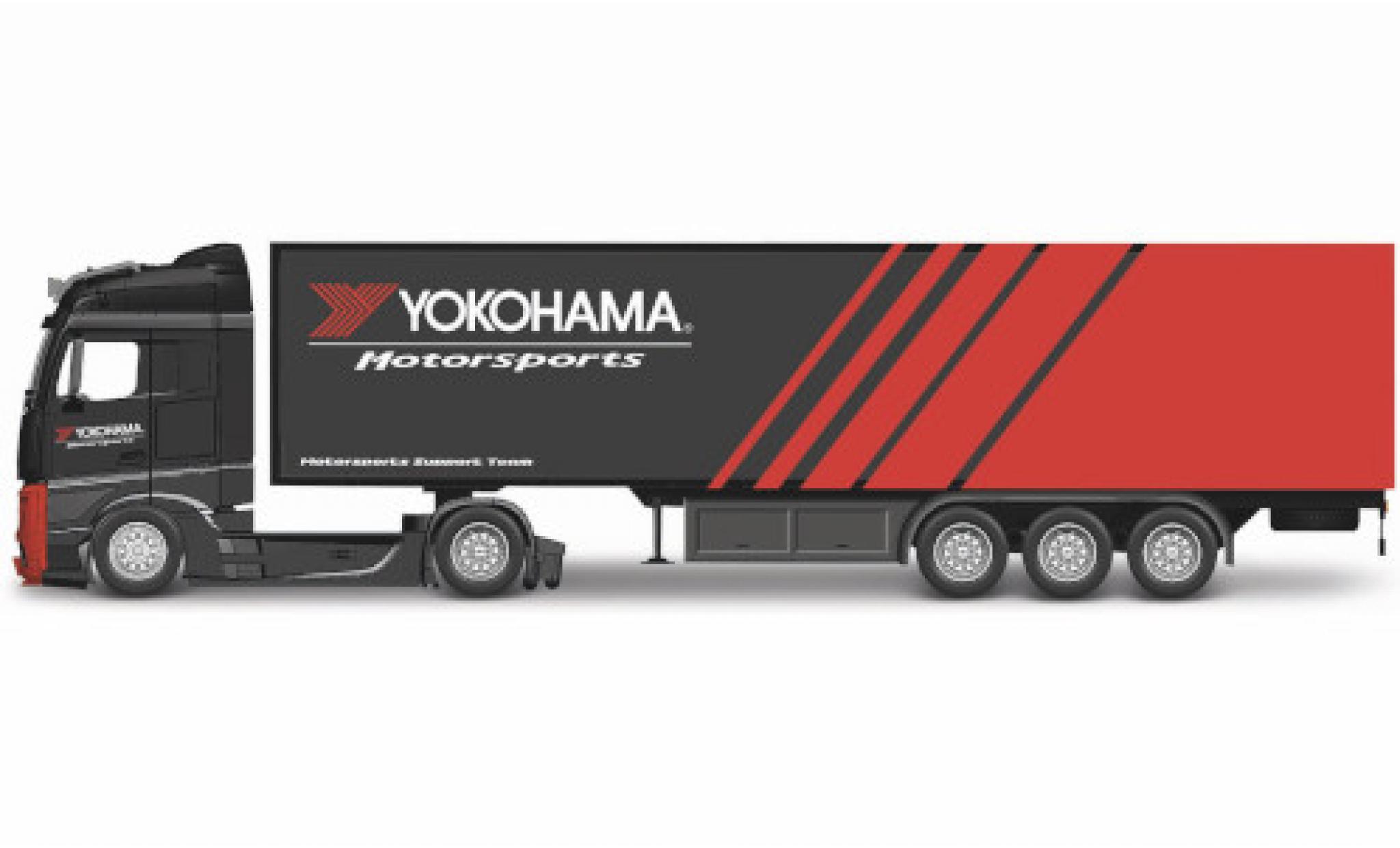 Mercedes Actros 1/43 Burago Gigaspace zwart/rood Yokohama Motorsports Koffersattelzug Motorsports Support Team modelauto
