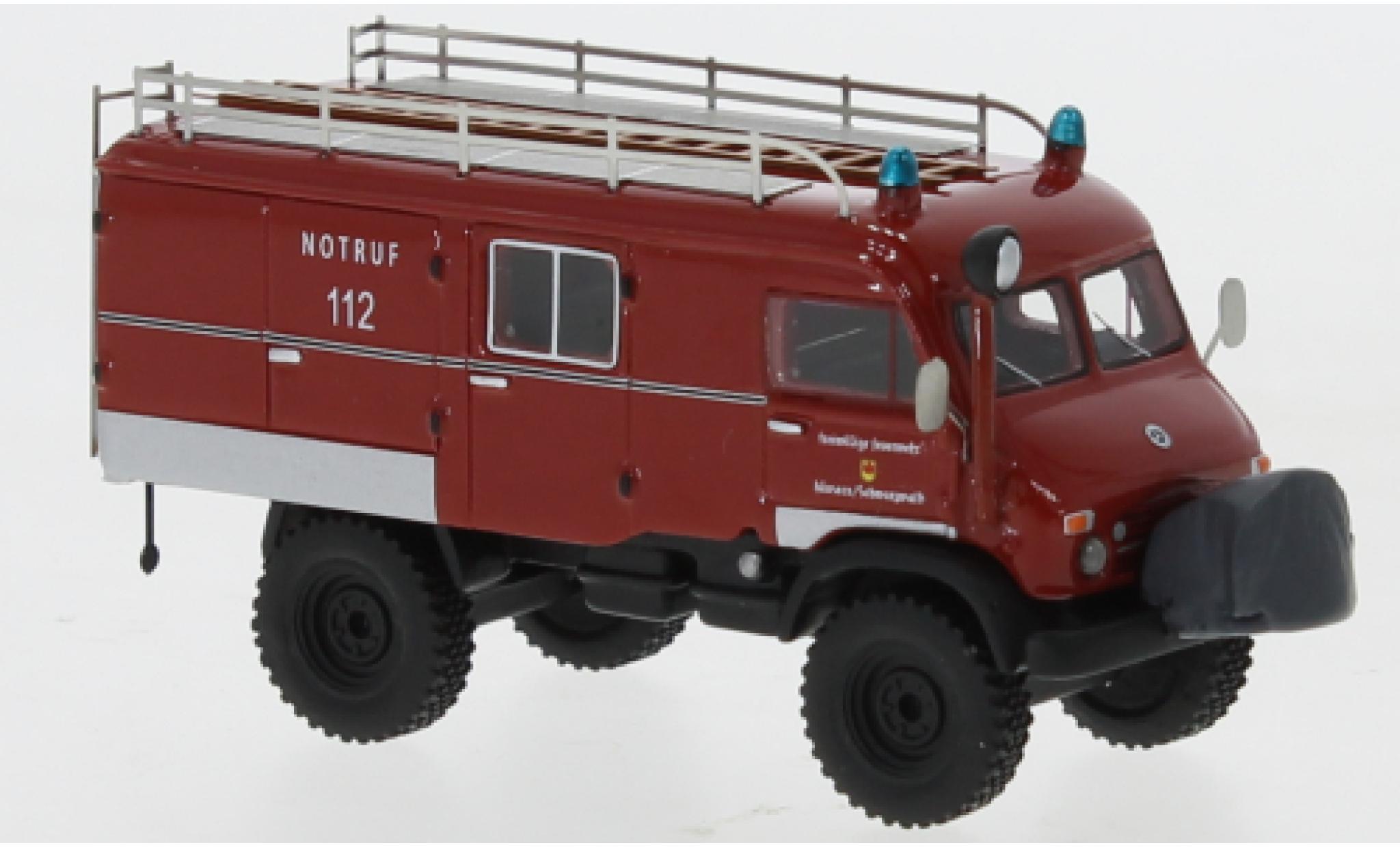 Mercedes Unimog 1/87 BoS Models 404 S LF8 rood/zwart Freiwillige Brandweer H&auml;usern / Schwarzwald 1962 modelauto