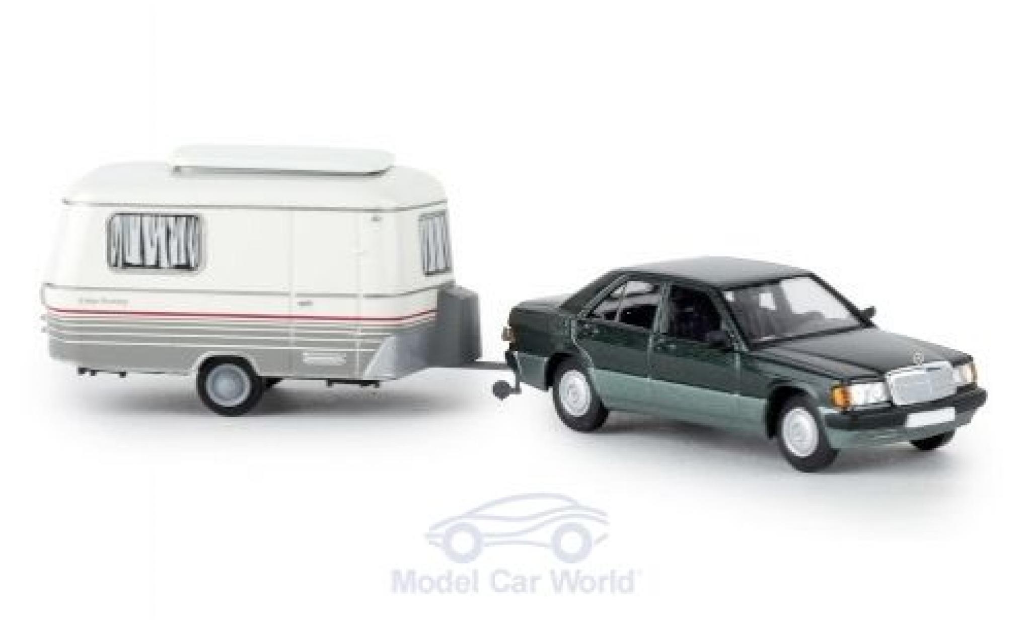 Mercedes 190 1/87 Brekina E metallic groen 1988 mit Eriba Wohnwagen modelauto