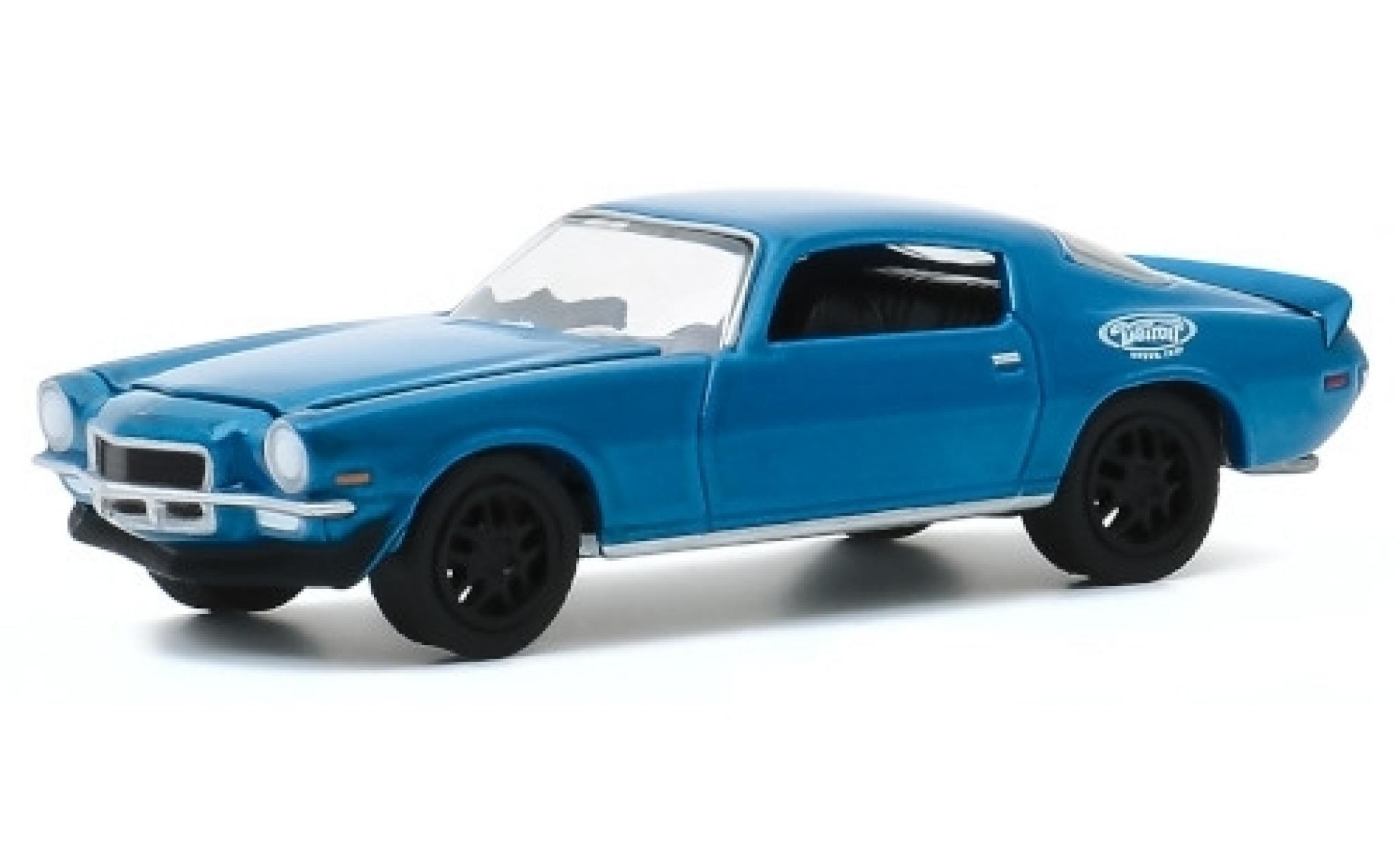 Chevrolet Camaro 1/64 Greenlight metallic blauw/Dekor 1970 Testfahrzeug modelauto