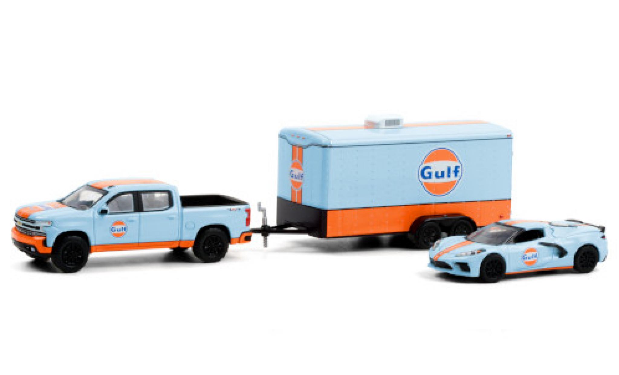 Chevrolet Silverado 1/64 Greenlight Gulf 2021 y compris les Corvette Stingray (C8) et ferm&eacute; Remorque porte-voiture modelauto