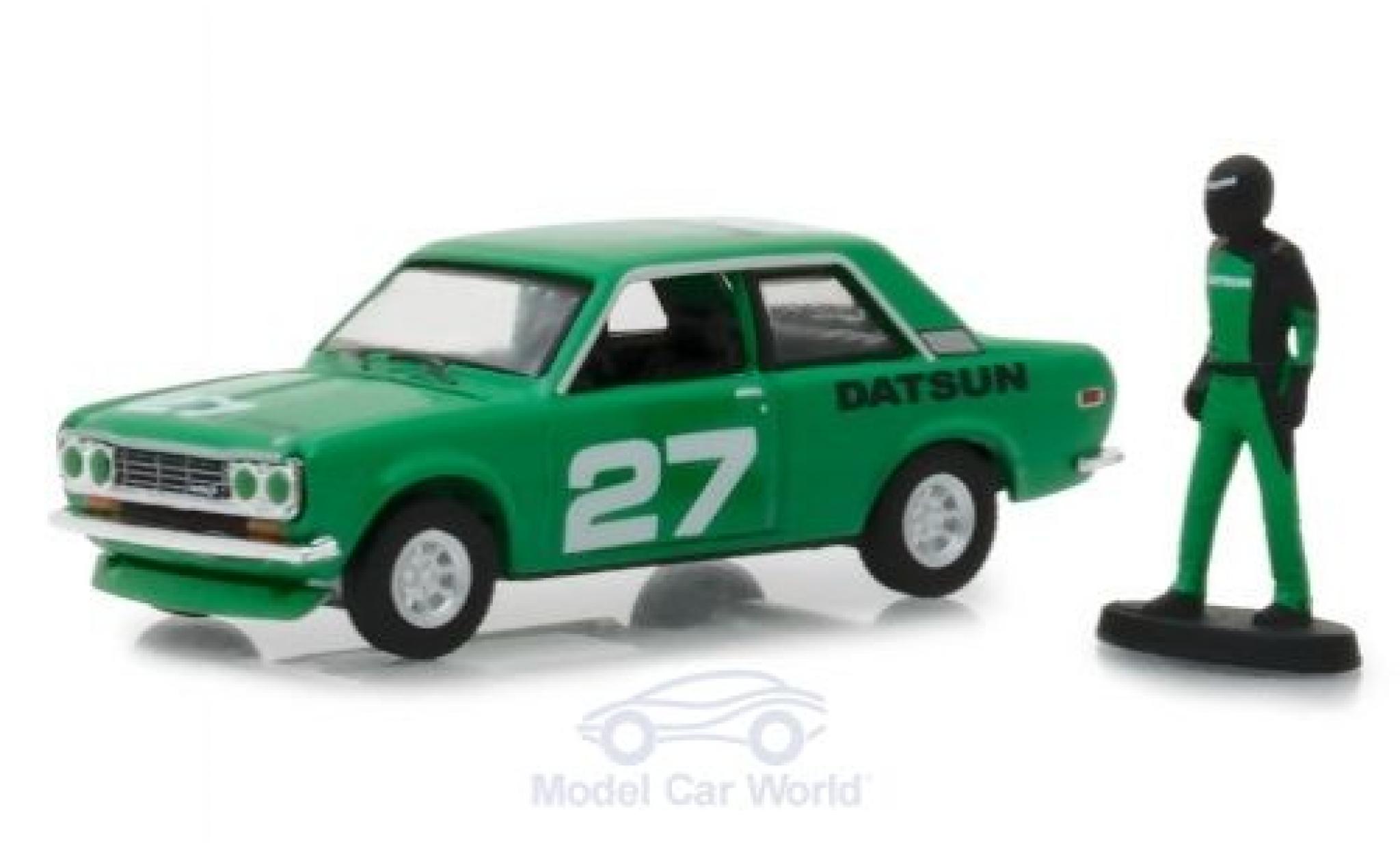 Datsun 510 1/64 Greenlight groen 1970 mit Rennfahrer Figur modelauto