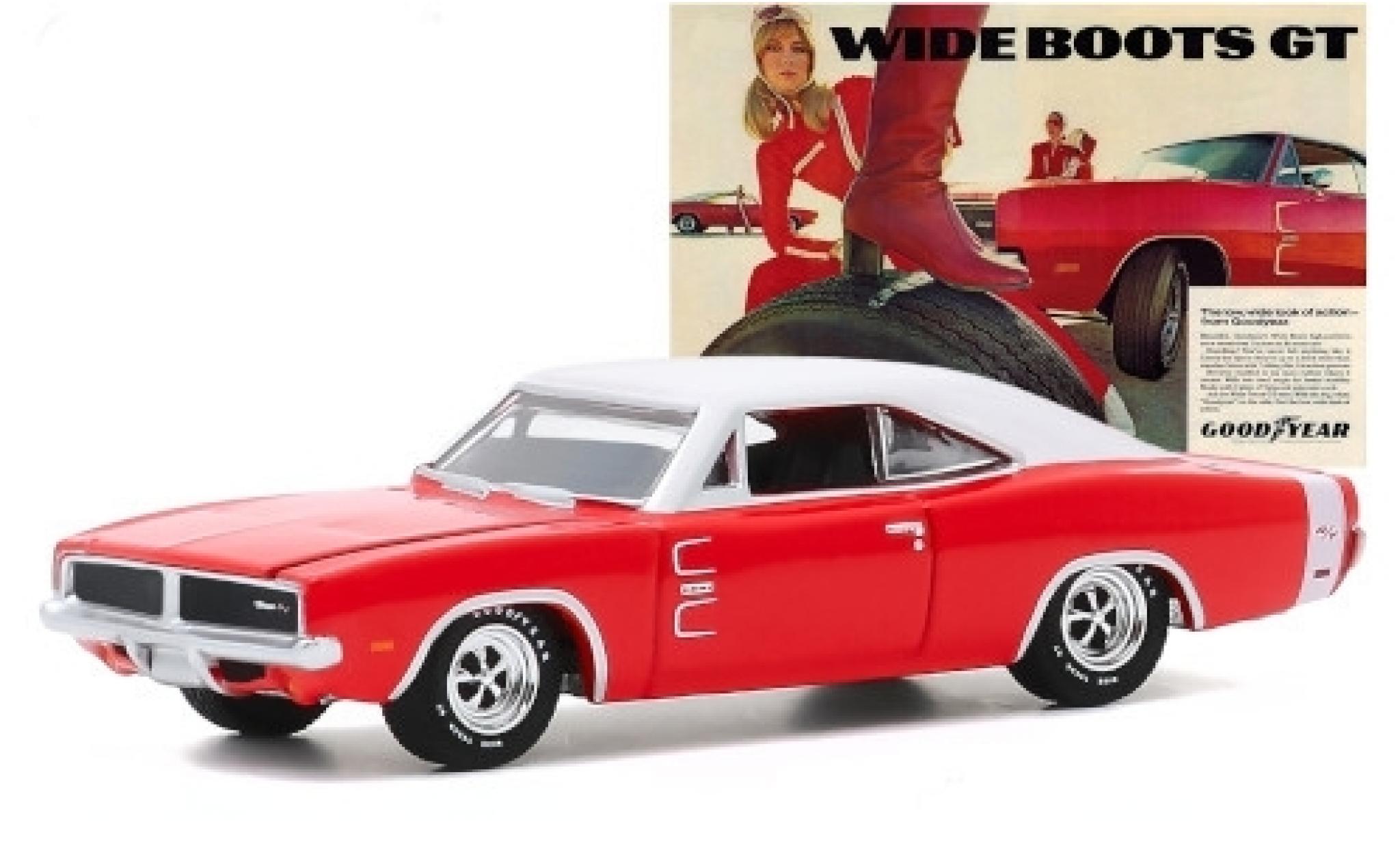 Dodge Charger 1/64 Greenlight R/T rood/matt-wit 1969 Goodyear Wide Boots GT modelauto