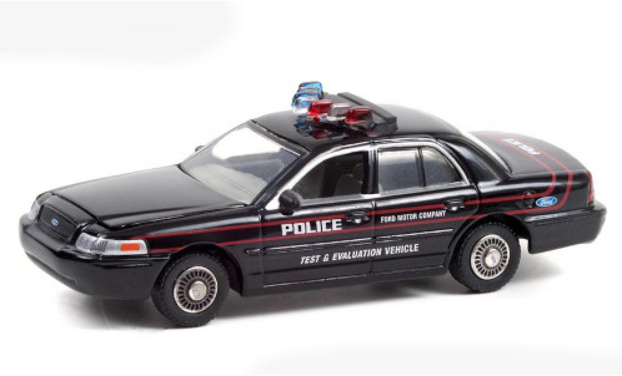 Ford Crown 1/64 Greenlight Victoria Politie Interceptor zwart/Dekor Test and Evaluation 2001 modelauto