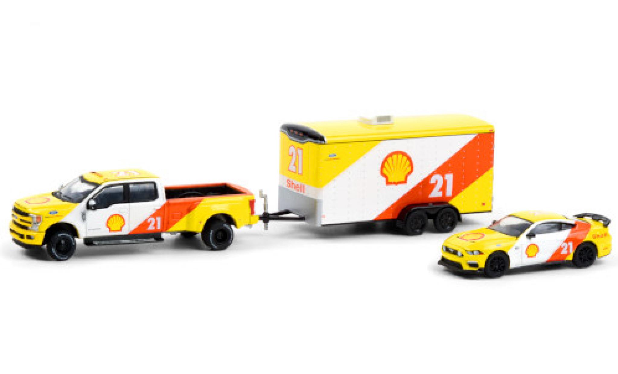 Ford F-350 1/64 Greenlight Lariat No.21 Performance S 2019 y compris les 2021 Mustang Mach 1 et ferm&eacute; Remorque porte-voiture modelauto