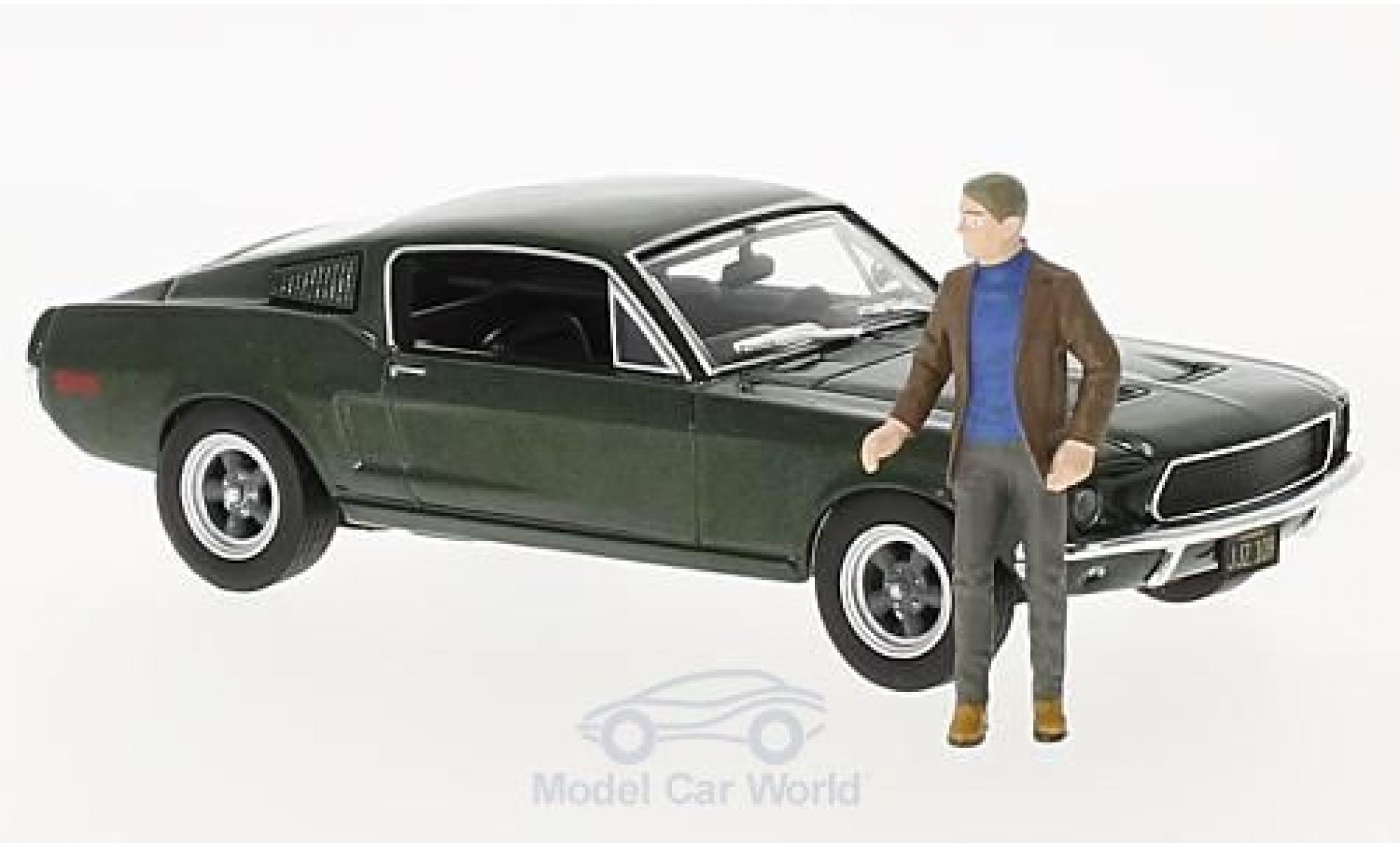 Ford Mustang 1/43 Greenlight GT metallic groen Bullitt 1968 mit Figur Steve McQueen modelauto