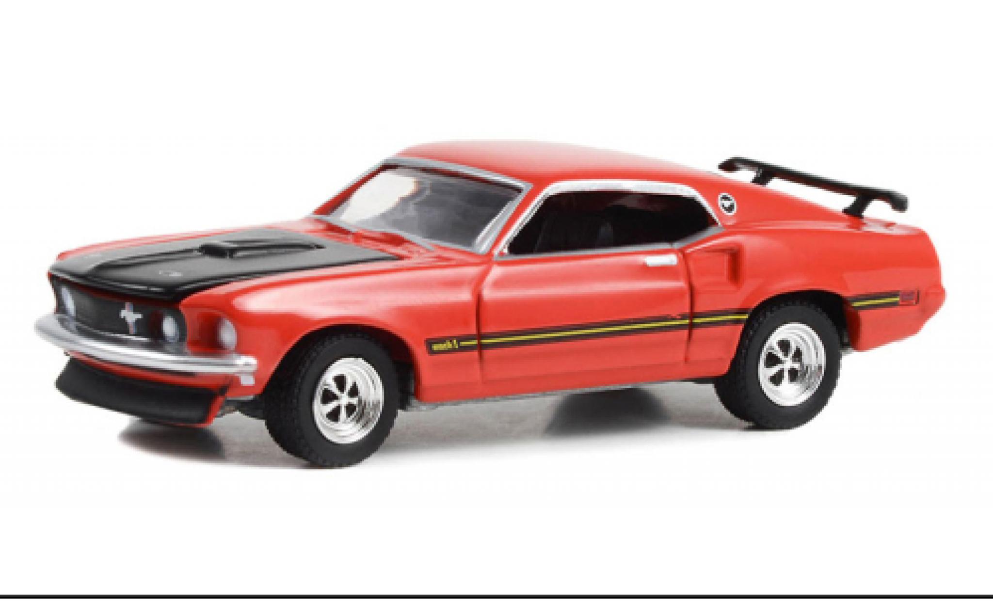 Ford Mustang 1/64 Greenlight Custom Fastback rood/zwart 1969 modelauto