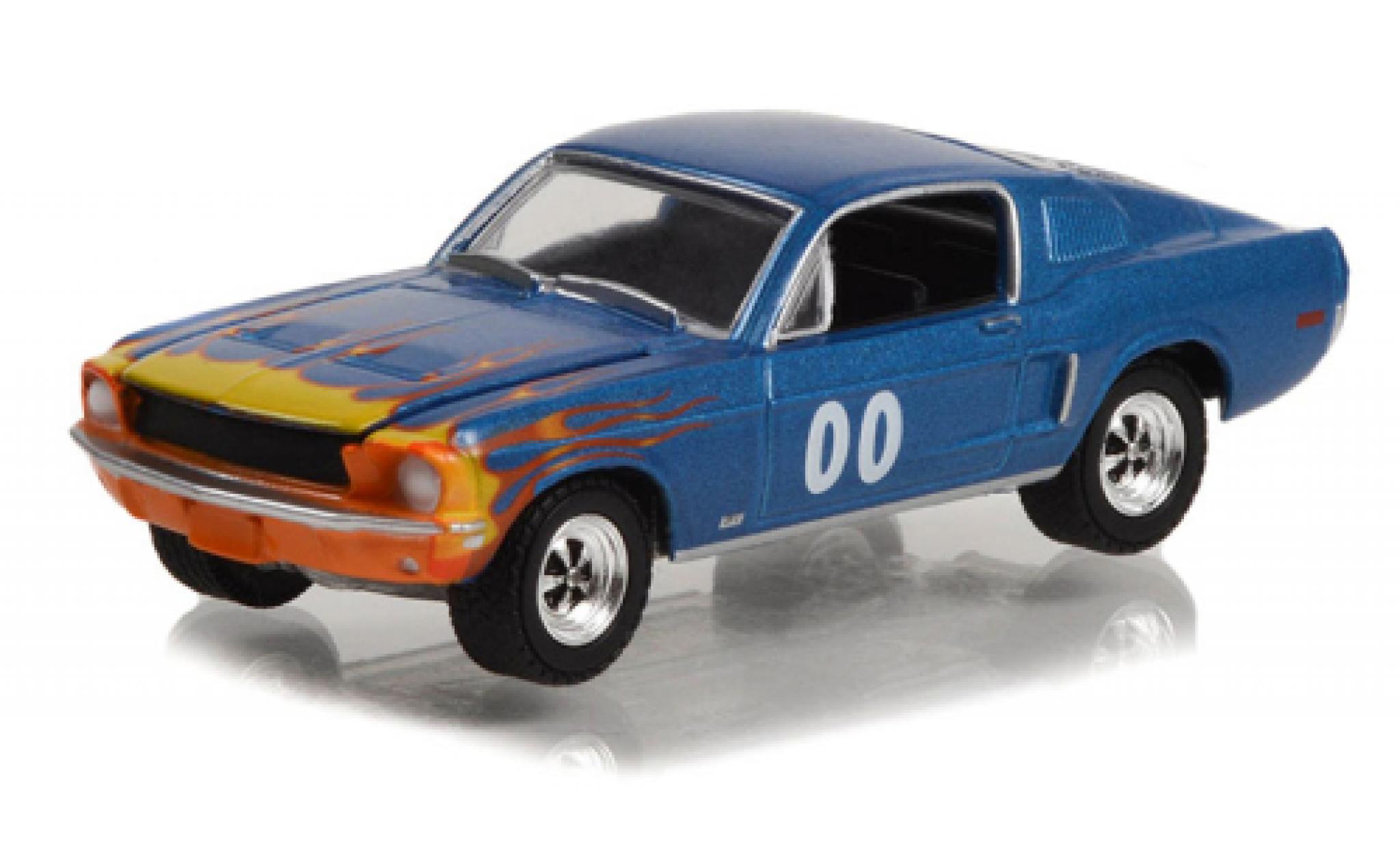 Ford Mustang 1/64 Greenlight GT metallic blauw/Dekor 1968 modelauto