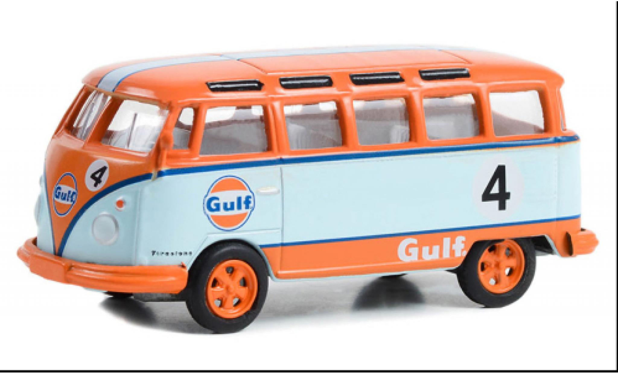 Volkswagen T1 1/64 Greenlight Samba bus oranje/blauw clair Gulf 1964 modelauto