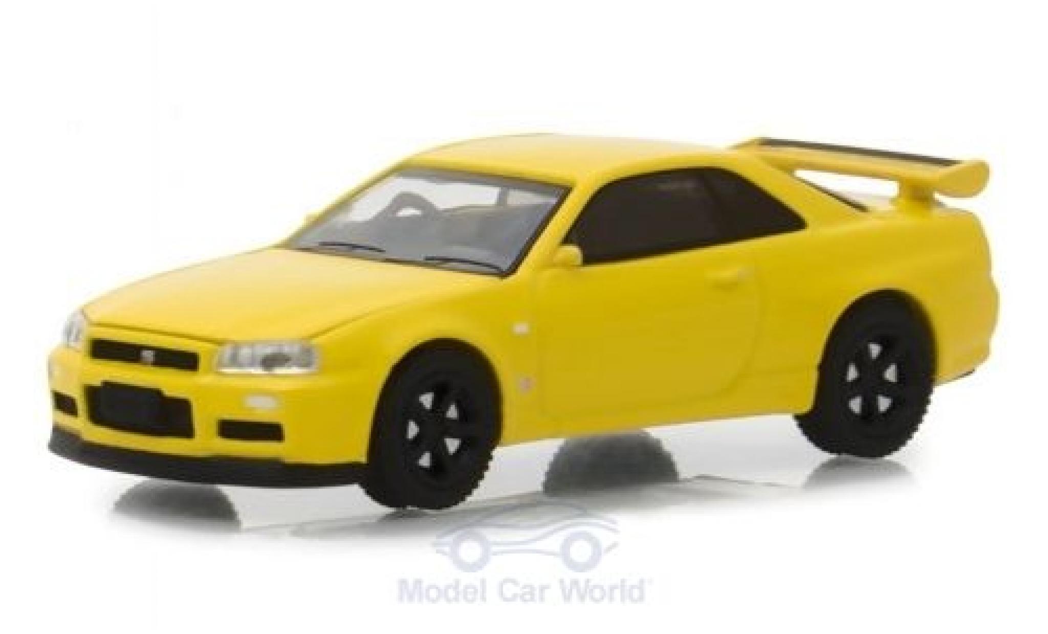 Nissan Skyline 1/64 Greenlight GT-R (BNR34) geel 2001 modelauto