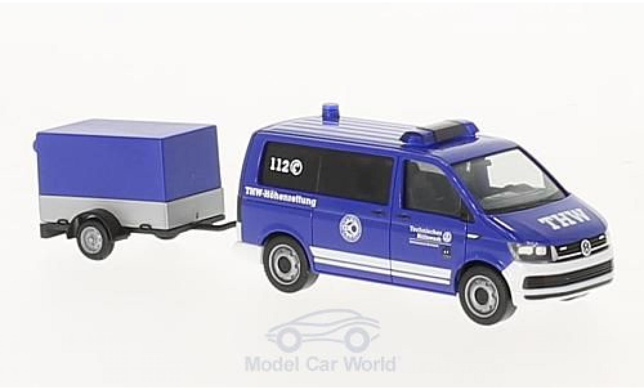 Volkswagen T6 1/87 Herpa Bus THW Korbach / H&ouml;henrettung mit Pritschenanh&auml;nger modelauto