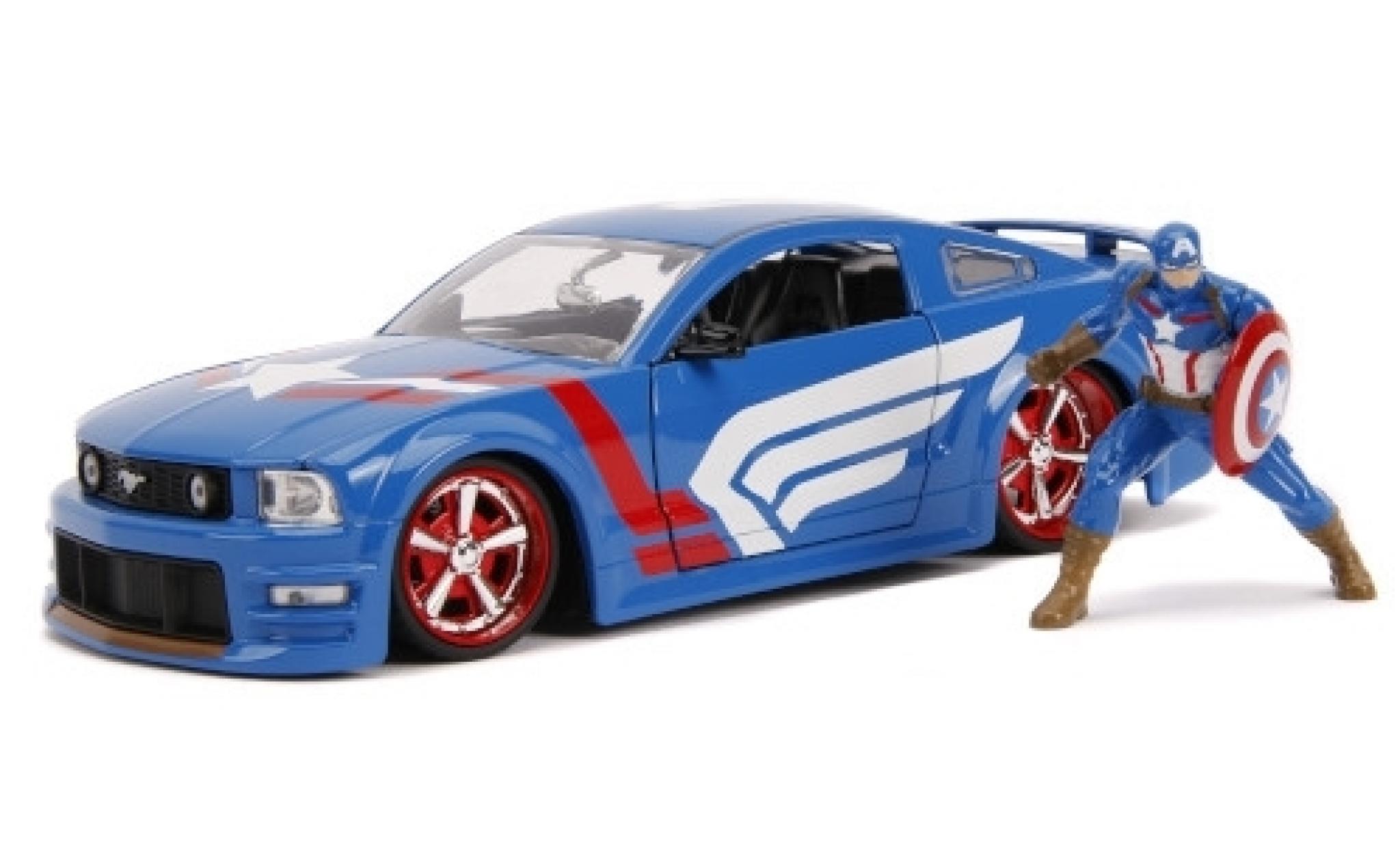Ford Mustang 1/24 Jada Toys GT blauw/Dekor Marvel Avengers - Captain America 2006 avec figurine modelauto