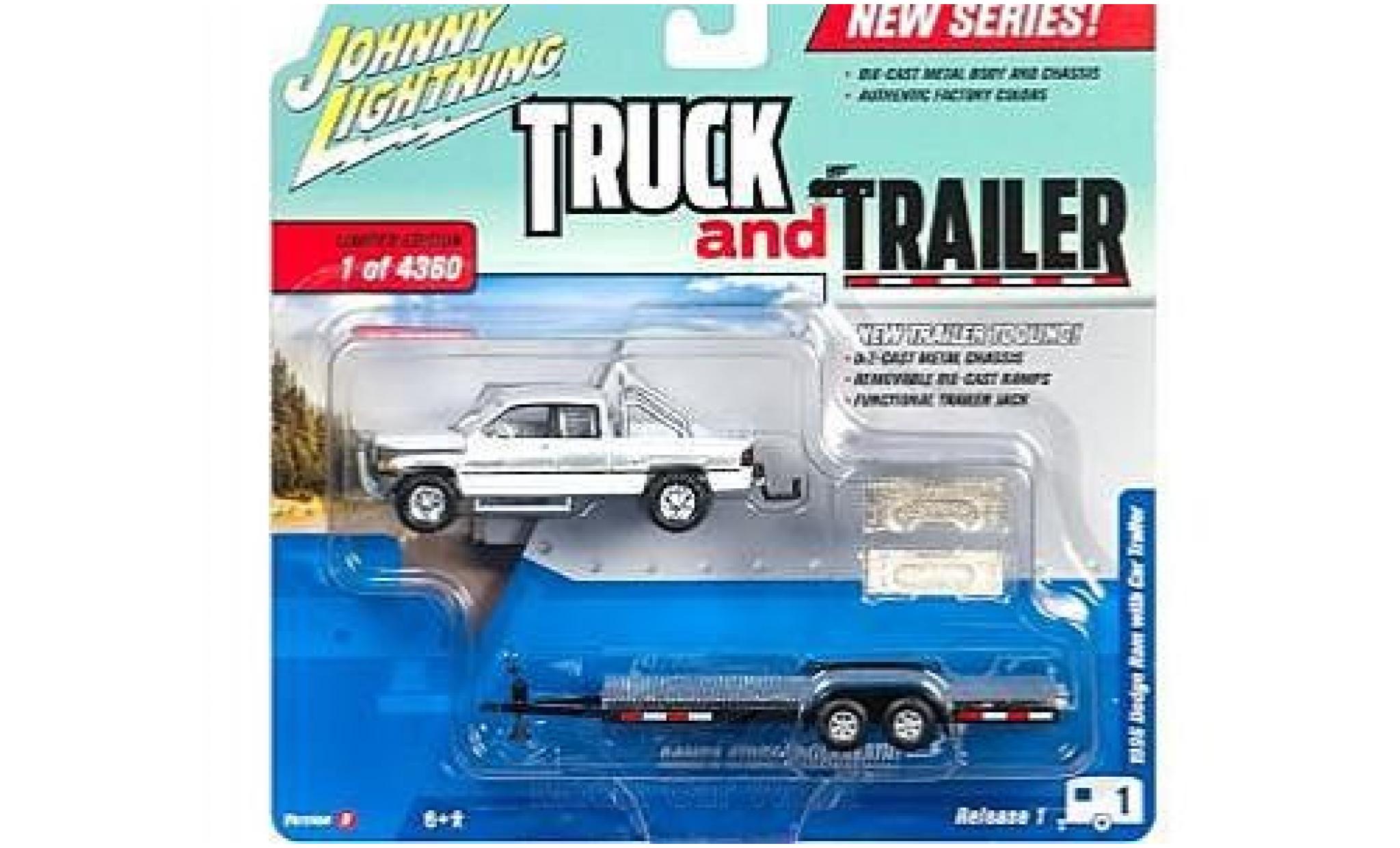 Dodge RAM 1/64 Johnny Lightning Ram 1500 wit/grijs 1996 mit Flatbed Anh&auml;nger ohne Vitrine modelauto