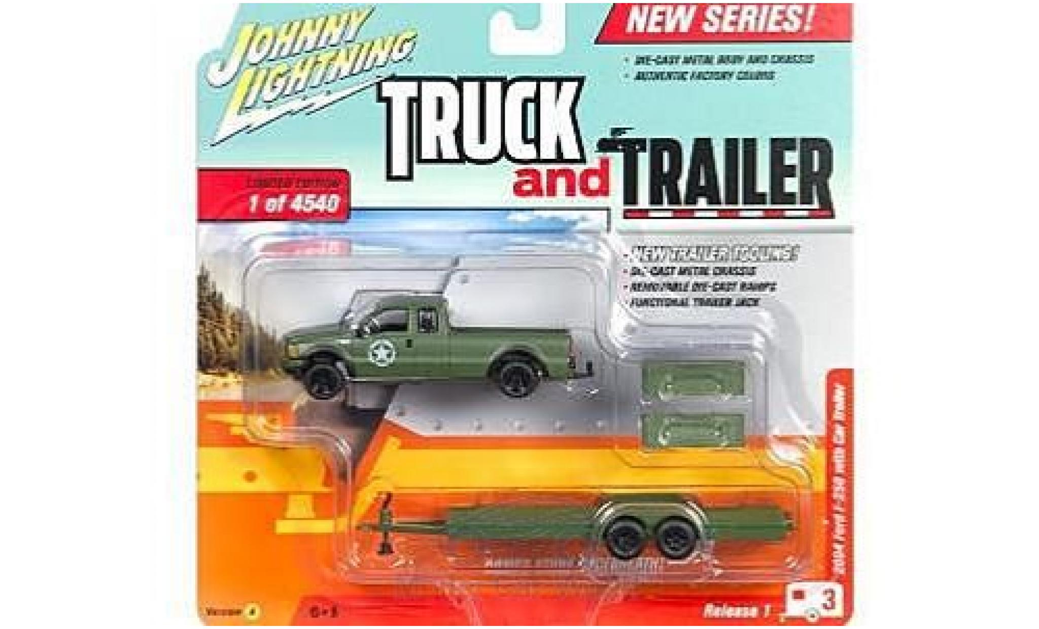 Ford F-250 1/64 Johnny Lightning oliv 2004 mit Flatbed Anh&auml;nger ohne Vitrine modelauto