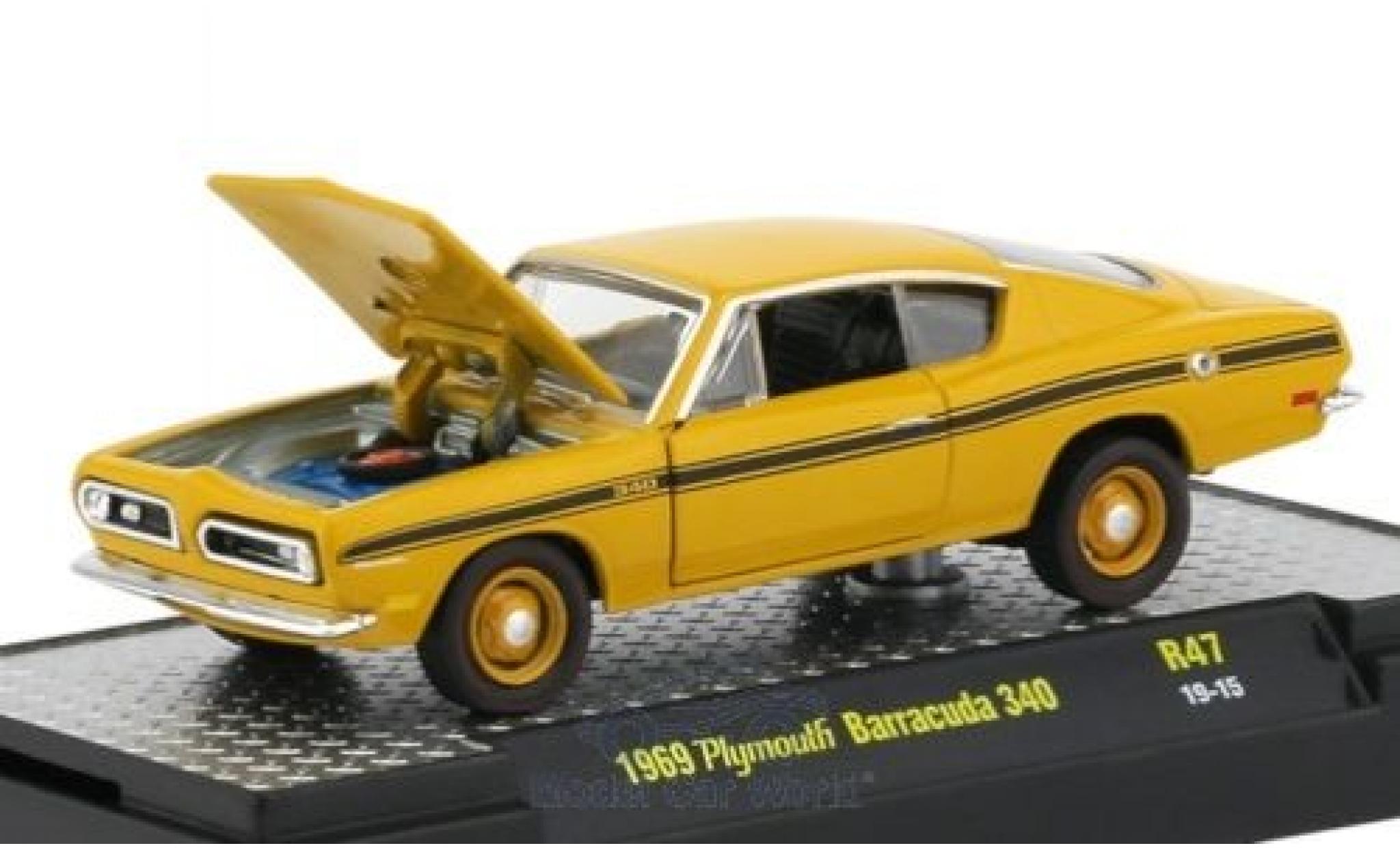 Plymouth Barracuda 1/64 M2 Machines 340 geel/Dekor 1969 modelauto