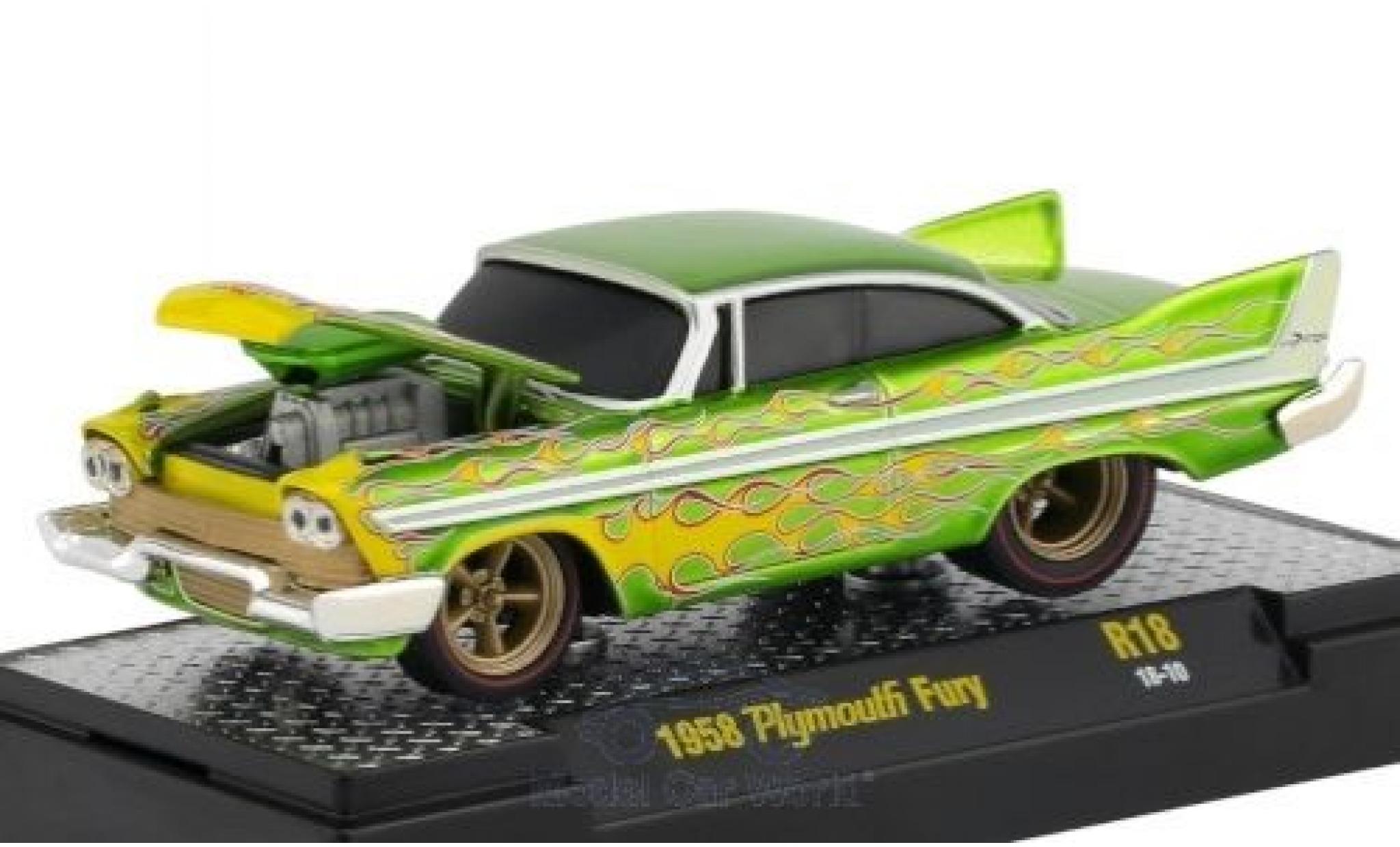 Plymouth Fury 1/64 M2 Machines metallic groen/Dekor 1958 modelauto
