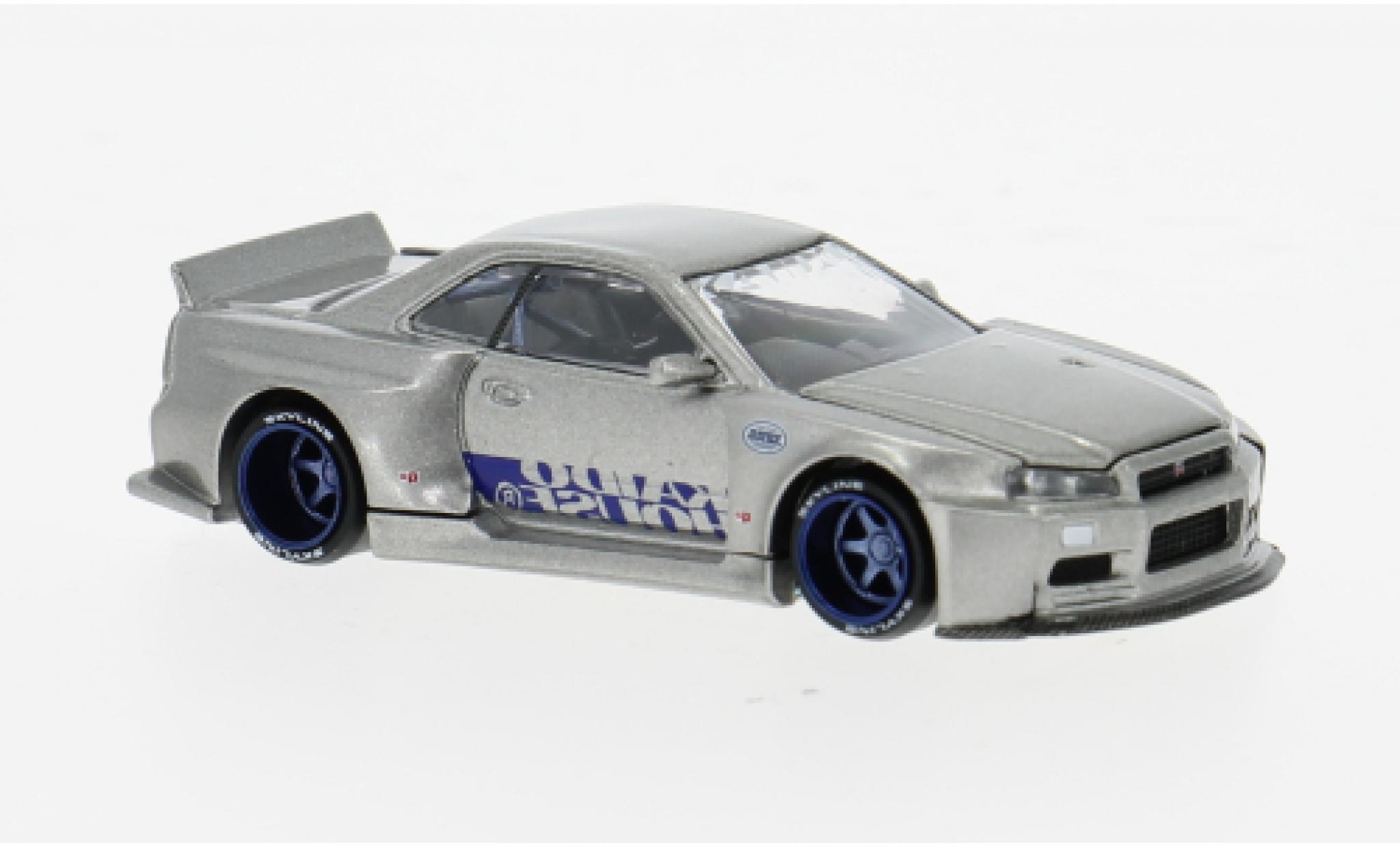Nissan Skyline 1/64 Mini GT GT-R (R34) grijs/blauw 1999 1:64 modelauto