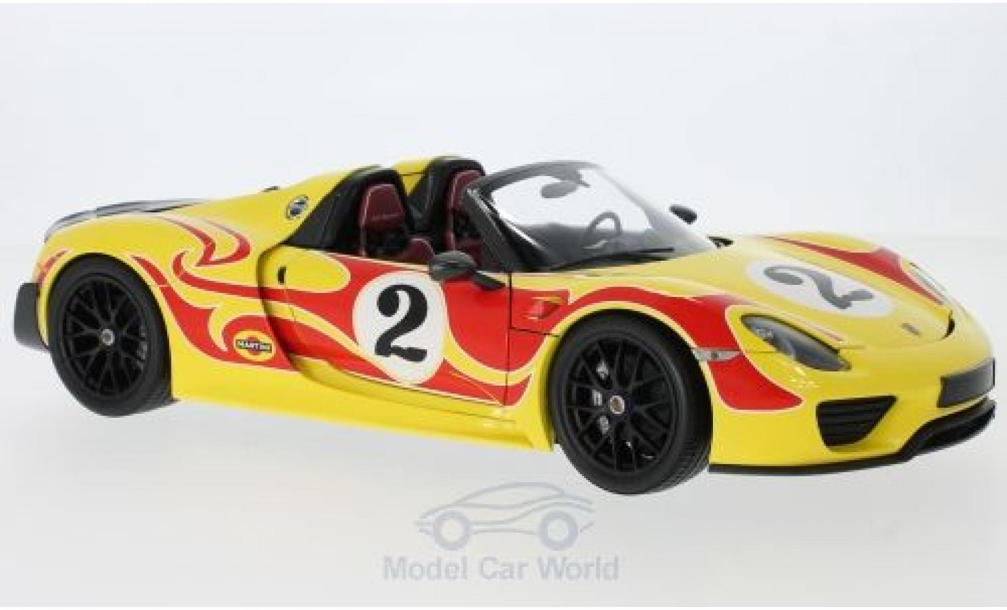 Porsche 918 1/18 Minichamps Spyder geel/rood Weissach-Package No.2 2015 Weissach Package modelauto