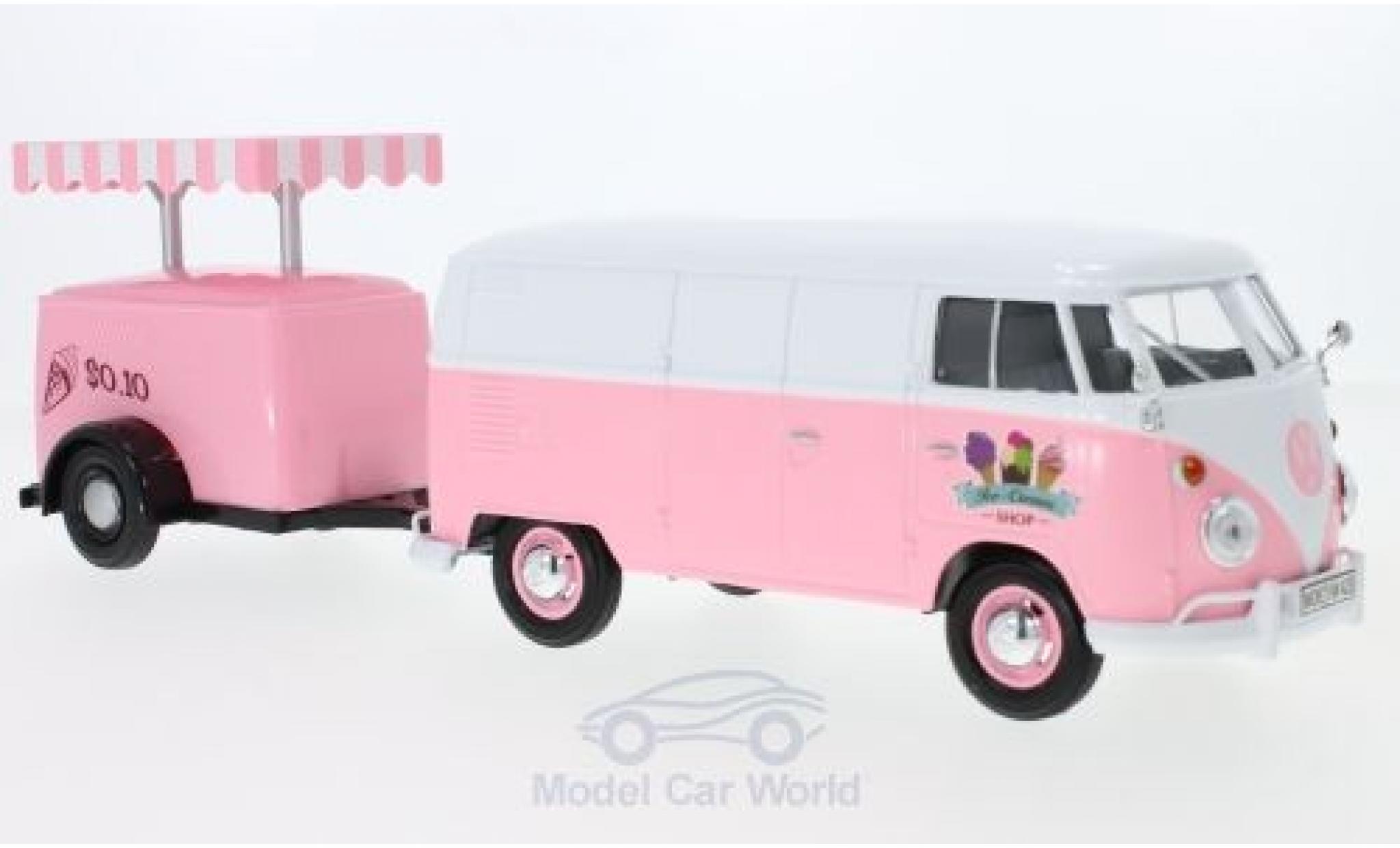 Volkswagen T1 A 1/24 Motormax Bestelwagen roze/wit Bestelwagen mit K&uuml;hlanh&auml;nger modelauto