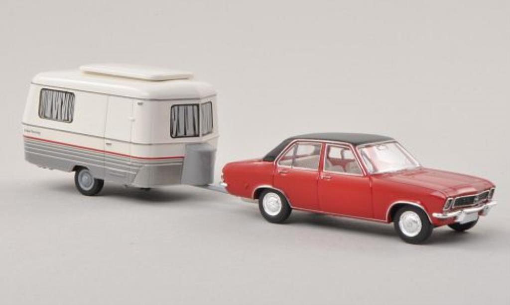 Opel Ascona A 1/87 Brekina A rood/zwart mit Eriba Wohnwagen modelauto