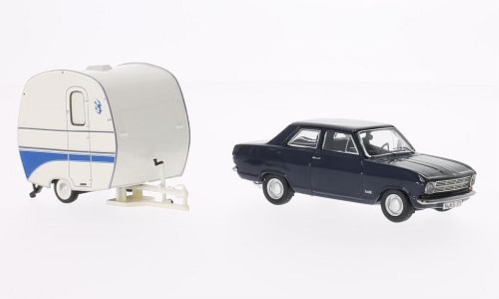 Opel Kadett B 1/43 Schuco B blauw 2-Turer mit Knaus Schwalbennest Wohnanhanger modelauto