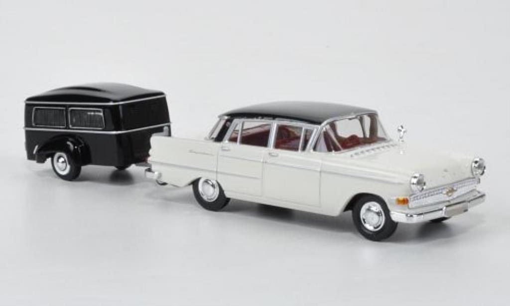 Opel Kapitan 1/87 Brekina P2.6 wit/zwart mit Westfalia Bestattungsanhanger modelauto