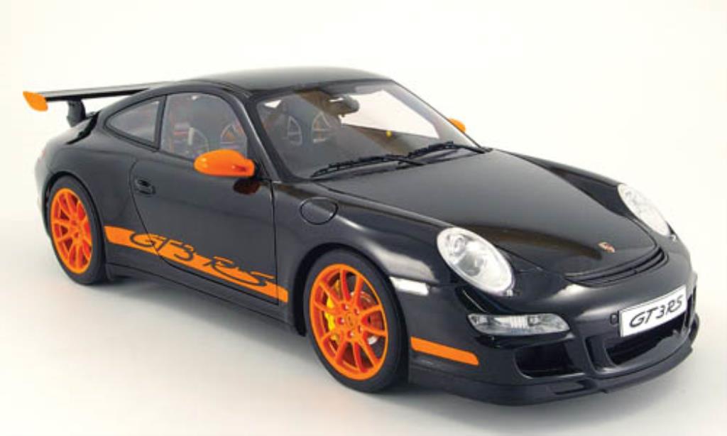 Porsche 997 GT3 1/12 Autoart GT3 zwart mit oranjenen Streifen modelauto