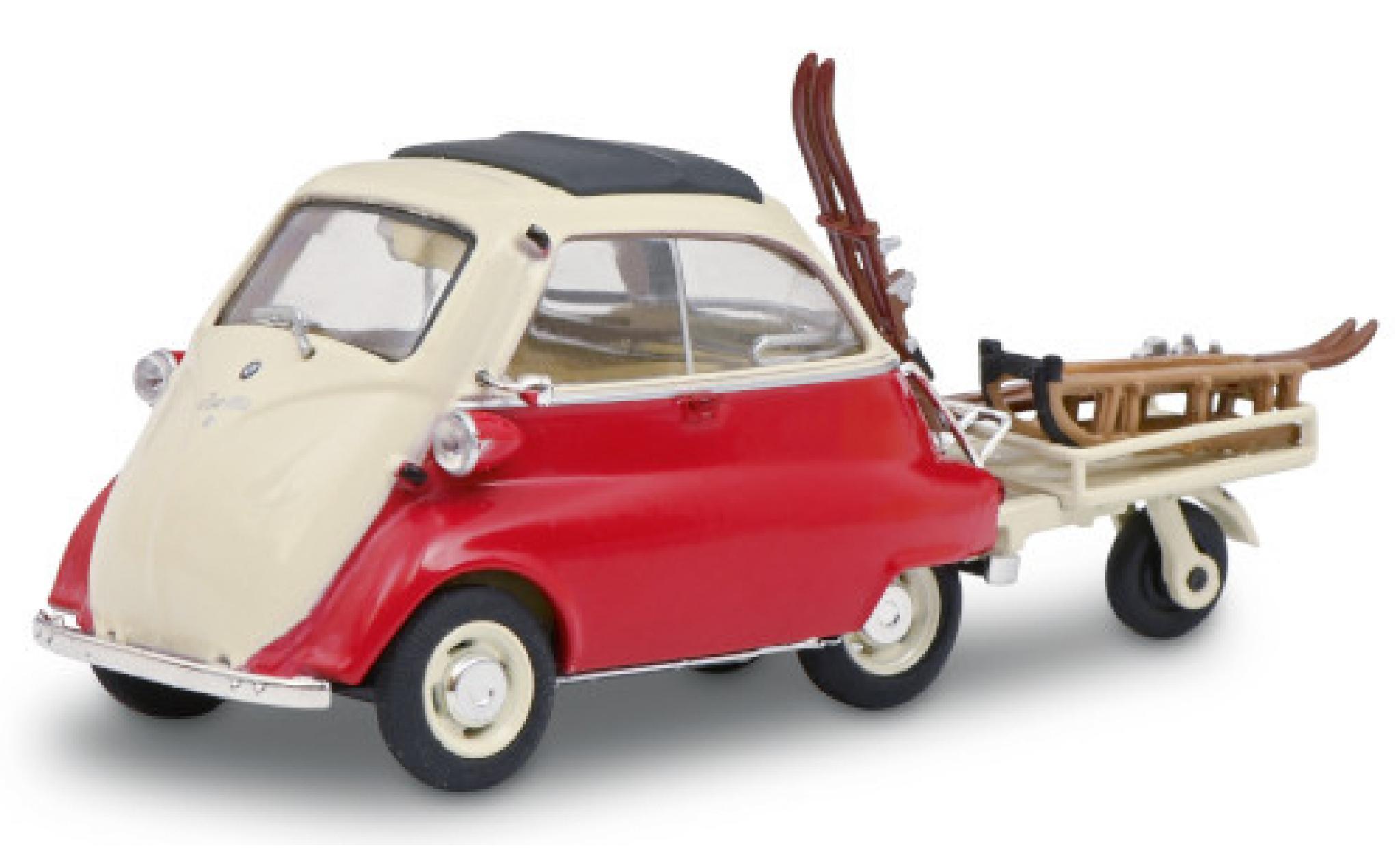 Bmw Isetta 1/43 Schuco rood/beige Wintersport 1955 mit Autoporter Anh&auml;nger modelauto