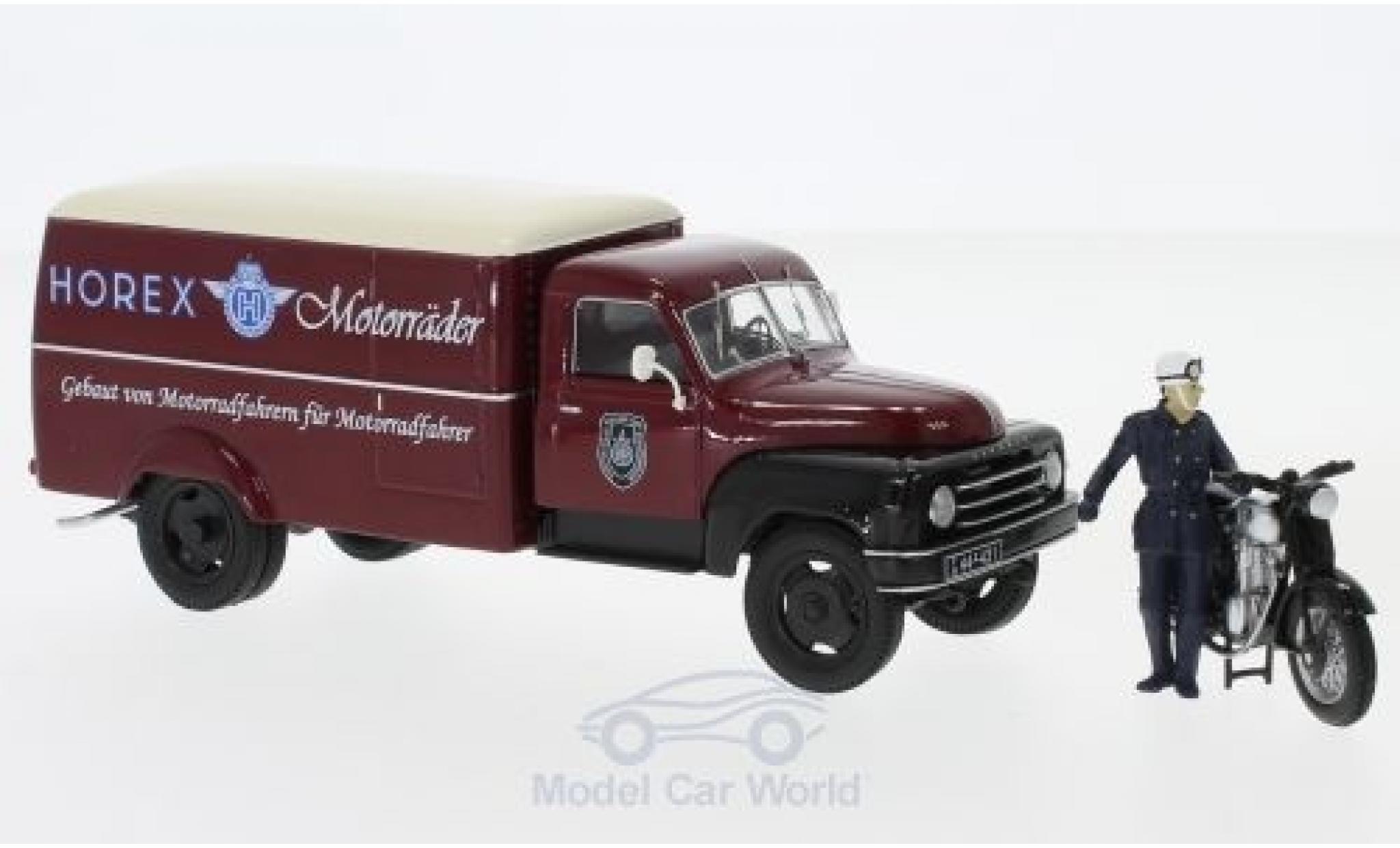 Hanomag L28 1/43 Schuco rood/beige Horex mit Horex Regina und Fahrerfigur modelauto