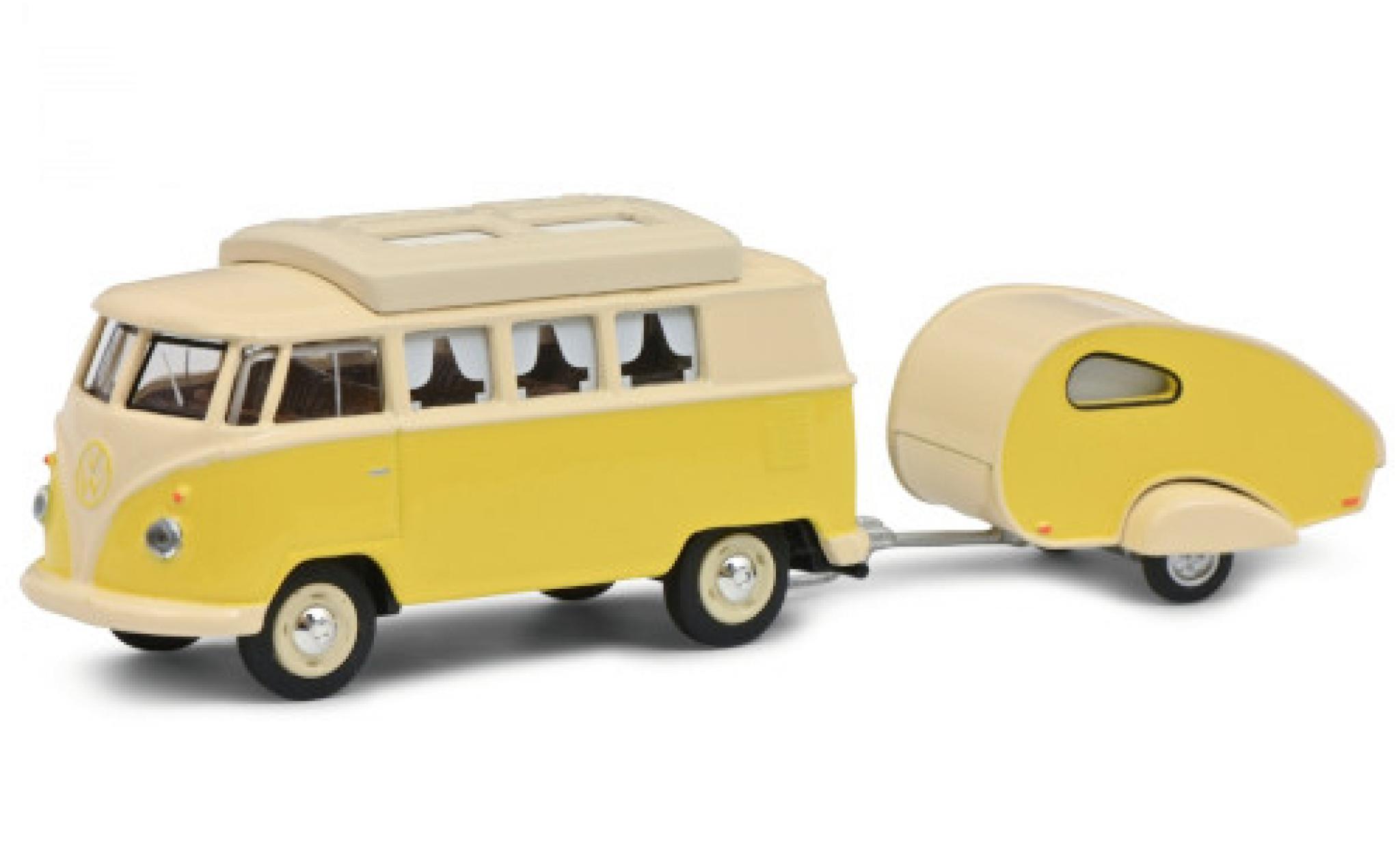 Volkswagen T1 1/64 Schuco Camper geel/beige avec caravane modelauto