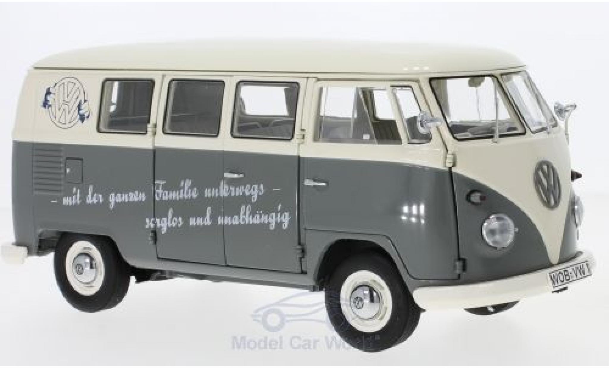 Volkswagen T1 B 1/18 Schuco b Bus mit Slogan: mit der ganzen Familien unterwegs-sorglos und unabh&auml;ngig modelauto