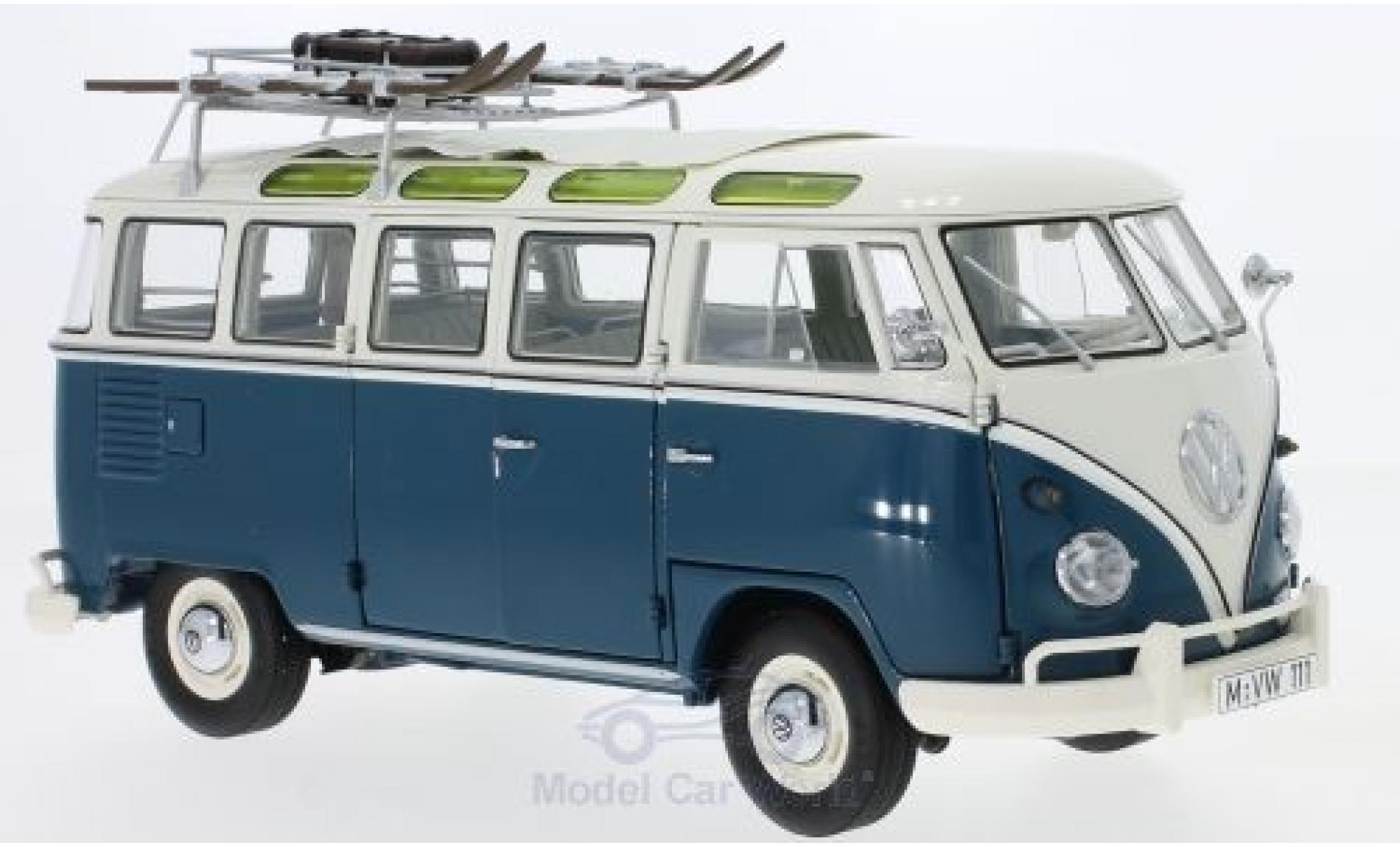 Volkswagen T1 B 1/18 Schuco b Samba Bus blauw/beige Wintersport Wintersport mit Dachgep&auml;cktr&auml;ger modelauto