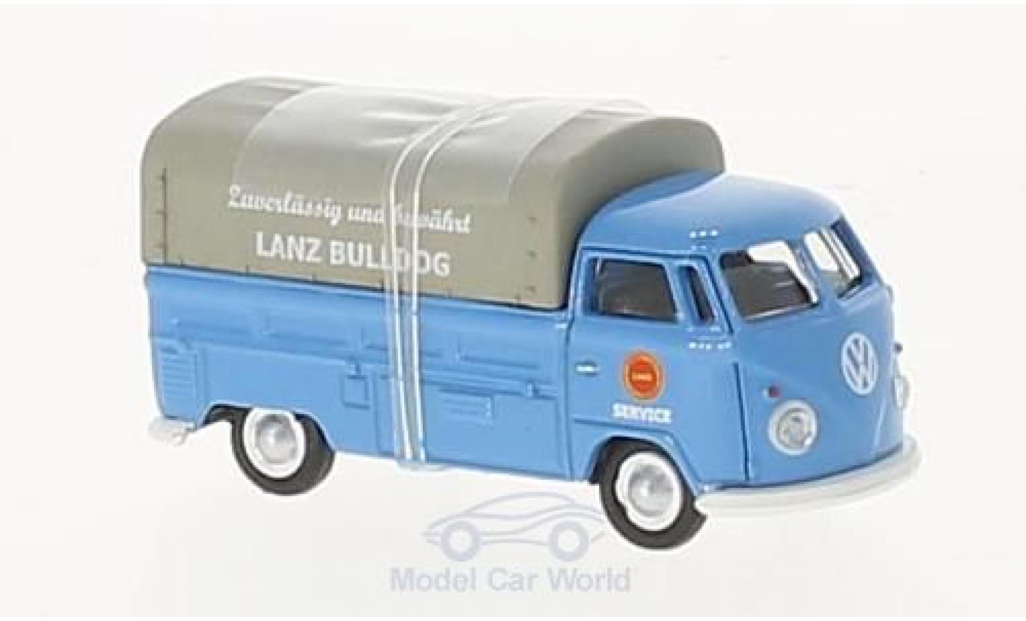 Volkswagen T1 B 1/87 Schuco c blauw Lanz Bulldog Pritsche mit Plane modelauto