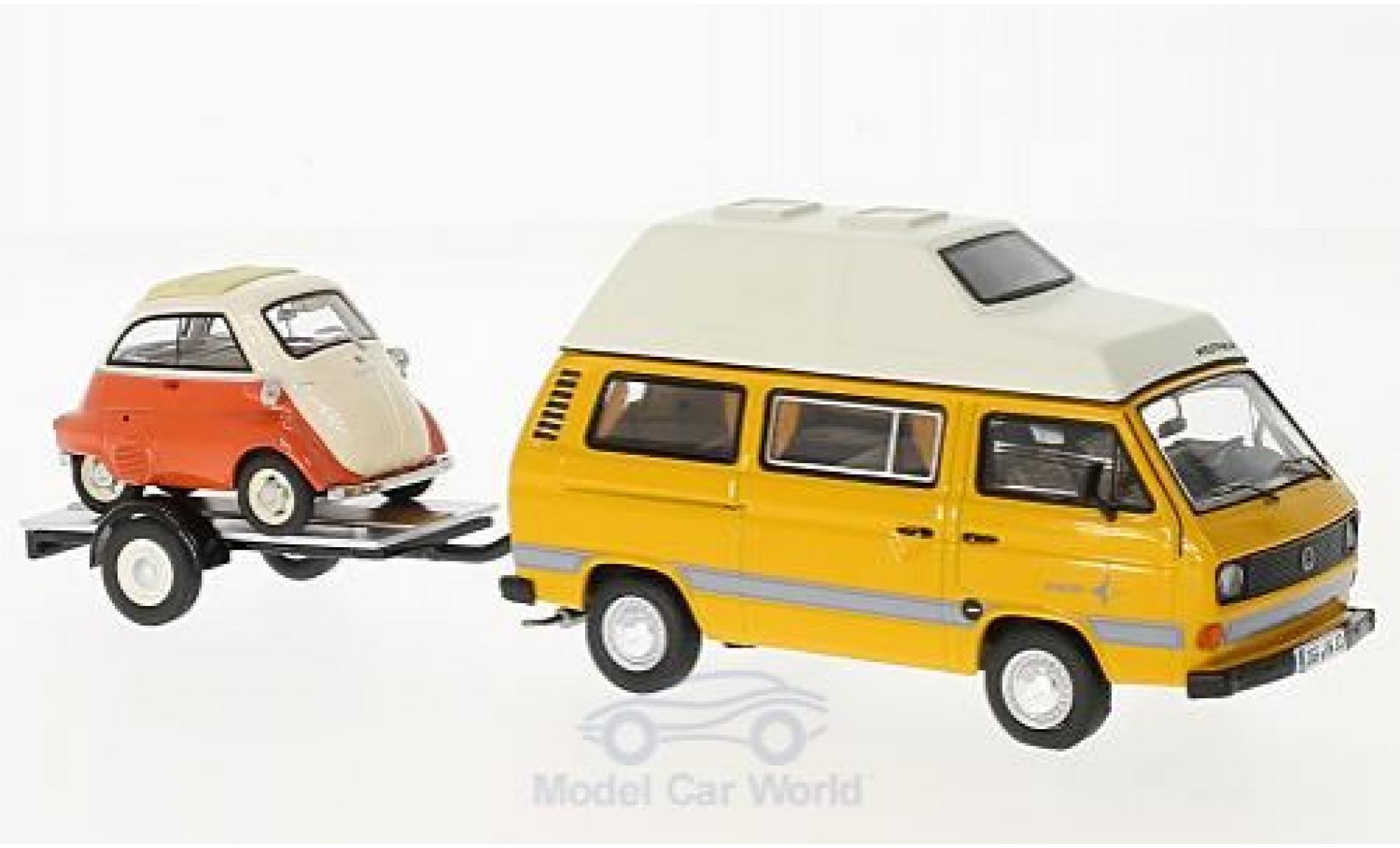 Volkswagen T3 1/43 Schuco Westfalia Joker geel/oranje mit Anh&auml;nger und Bmw Isetta modelauto