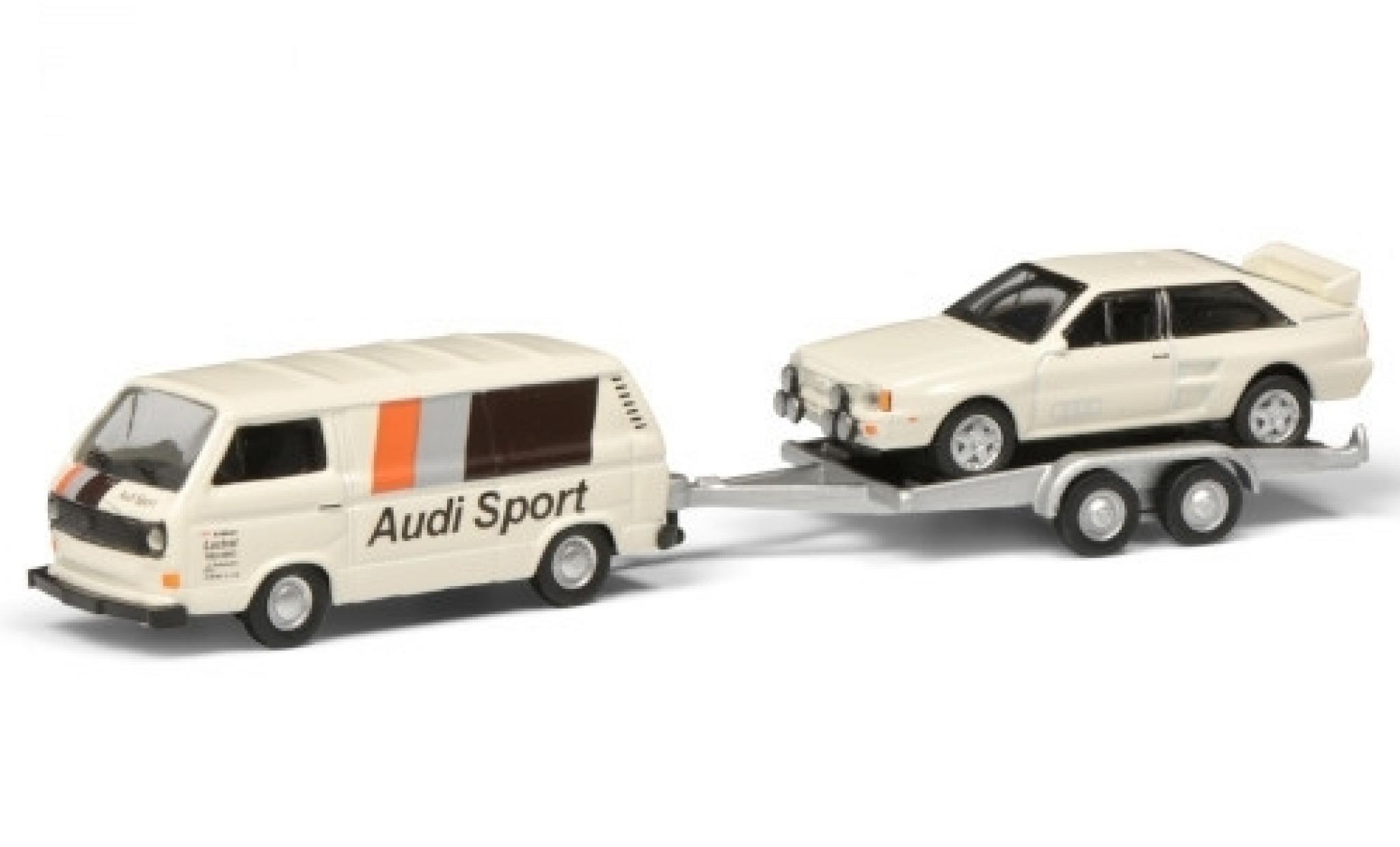 Volkswagen T3 1/87 Schuco b Kasten Audi Sport avec remorque et Audi quattro modelauto