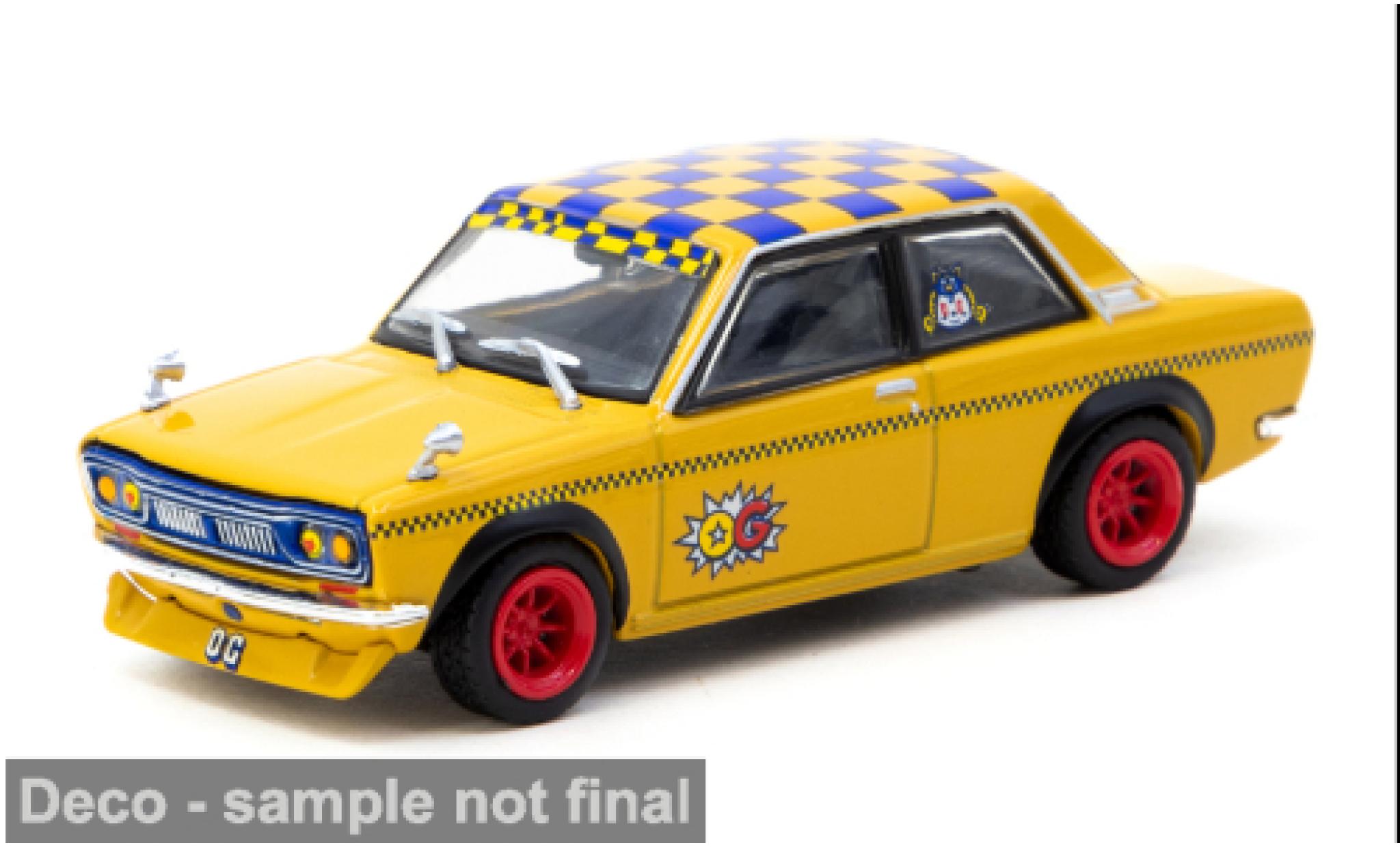 Datsun 510 1/64 Tarmac Works geel/Dekor 1:64 modelauto