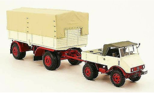 Mercedes Unimog 401-404 1/43 Minichamps 401 wit rood avec laadbaknanhanger 1951 modelauto