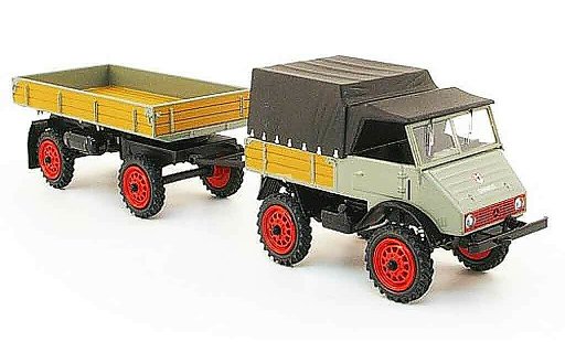 Mercedes Unimog 401-404 1/43 Schuco 401 grijs avec Muller avecteltal Anhanger modelauto