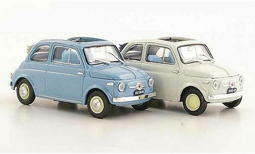 Fiat 500 Nuova 1/43 Brumm 2er-Set: blauwgrijs + Economica wit 1957 modelauto