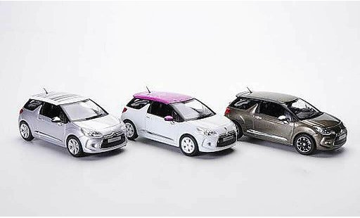 DS Automobiles DS3 Berline 1/43 Norev 3er-Set: wit/Flower - grijs/Grafic Art en olijfgroen/Falvio 2012 modelauto