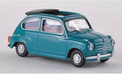Fiat 600 Berlina 1/87 Wiking blauw-groen met openem vouwdak modelauto