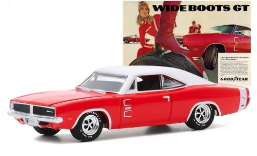 Modelauto Dodge Charger R/T rood/mat-wit 1969 Goodyear Wide Boots GT 1/64 Greenlight