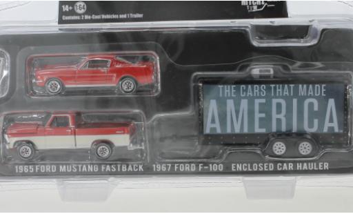 Modelauto Ford F-100 Pickup 00 rood/wit 1967 met 1965 Mustang Fastback en Zweiachskofferanh&Atilde;&curren;nger History Channel 1/64 Greenlight
